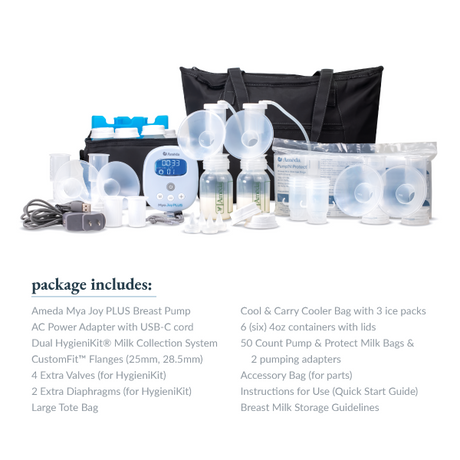 An arrangement of items for breastfeeding in a bright setup. There is an Ameda Mya Joy PLUS breast pump prominently displayed in the center, alongside an AC power adapter with a USB-C cord. Several milk collection bottles and accessories are neatly arranged, including dual HygieniKit® components, including two sets of flanges and extra valves, all in clear plastic. 