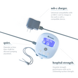 Image of a compact breast pump device titled "Ameda MyoJoyPLUS." The pump has a digital display showing a timer at 00:55 and a suction level indicator at 06. It is connected to a USB-C charger, which lies beside it and features a standard plug. A flexible tube is attached to the pump, indicating the device's connection for use. 