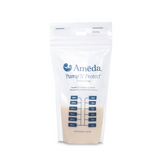 Ameda Pump 'N Protect 6 Ounce Milk Storage Bag filled with breast milk. The bag features clear measurement markings and a secure seal, designed for safe and convenient storage of expressed breast milk.