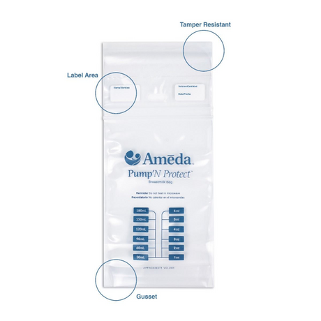 A clear, resealable breast milk storage bag branded "Ameda Pump'N Protect." The bag features a label area at the top for writing names and dates, with text indicating "Name/Item" and "Date/Time." The body of the bag displays measurement markings in milliliters (mL) and ounces (oz), ranging from 30mL (1oz) to 180mL (6oz). There are indicators for 'Tamper Resistant' and a 'Gusset' at the bottom, suggesting a design that allows for easy pouring and storage. 