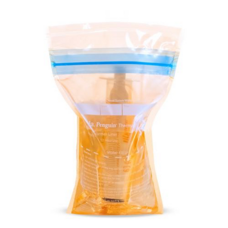 A transparent resealable plastic bag contains a bottle of "Mla. Penguin Thermal Warmer Liner." The bag is filled with an orange liquid, and the bottle features a pump top. The text on the bottle is partially visible, with instructions or information likely about use or contents. The top of the bag has a blue zipper closure. The background is white, emphasizing the contents of the bag.