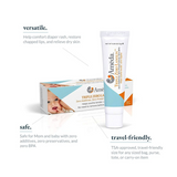 A product image featuring a tube of Ameda Triple Zero Lotion and its packaging. The tube is white with orange accents, labeled with "Triple Zero Lotion" and indicates its net weight of 0.85 ounces. The box behind it displays a smiling baby and includes text highlighting the product's attributes: "versatile," "safe," and "travel-friendly." The versatile section mentions its uses for diaper rash, chapped lips, and dry skin. The safe section emphasizes the absence of additives, preservatives, and BPA. 