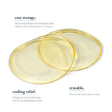 Ameda ComfortGel HydroGel Pads shown with text highlighting their features: "easy storage" for refrigeration or freezing, "cooling relief" designed to fit within any bra for nipple relief, and "reusable" for up to six days with proper rinsing. The pads are translucent and circular, designed for comfort and convenience.