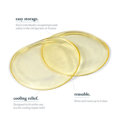 Ameda ComfortGel HydroGel Pads shown with text highlighting their features: "easy storage" for refrigeration or freezing, "cooling relief" designed to fit within any bra for nipple relief, and "reusable" for up to six days with proper rinsing. The pads are translucent and circular, designed for comfort and convenience.