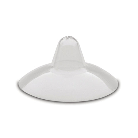 A clear, round silicone or glass nipple shield with a wide base and a small, protruding tip at the center. The bottom edge of the shield is slightly curved, creating a smooth transition from the base to the top. The structure is designed to provide support or aid in breastfeeding.